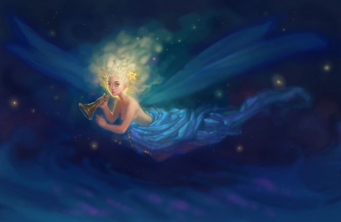 Fairy playing a trumpet in the night sky