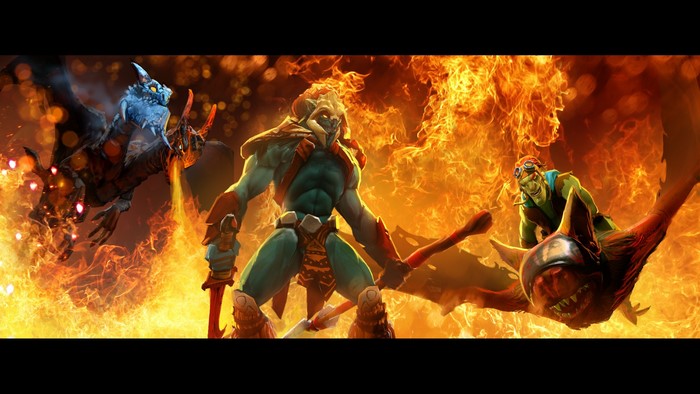 Huskar, Jakiro, and Batrider from DOTA 2 in flames
