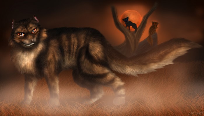 Two cats in a spooky forest with a large orange moon