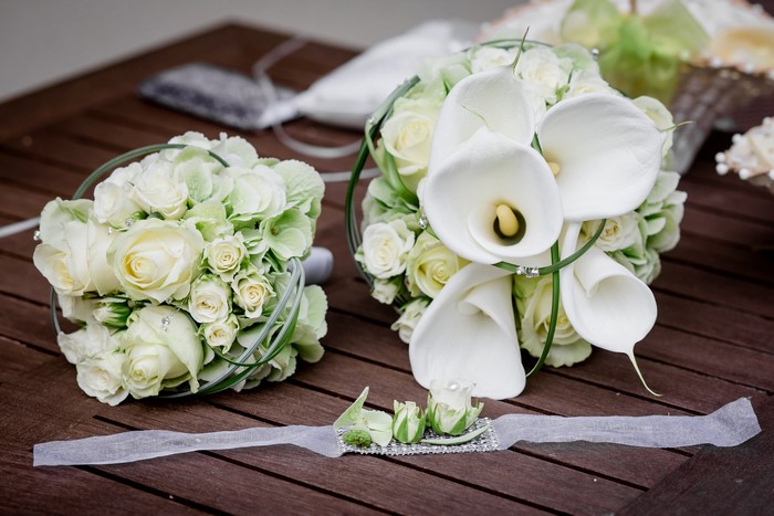 Two White Bouquets with Roses and Callas