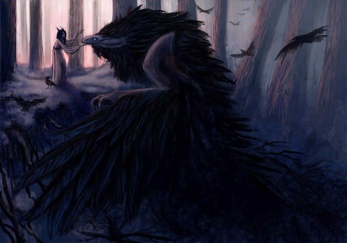 A woman and a large bird-like monster in a dark forest