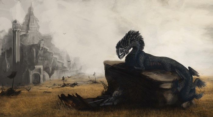 Dragon overlooking a fallen knight near a ruined castle