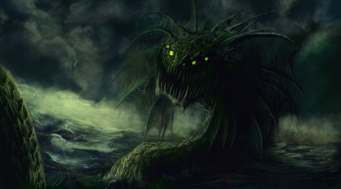 A monstrous sea creature emerges from stormy waters