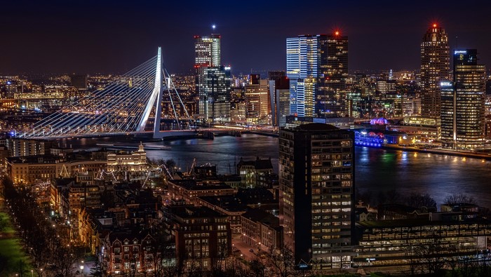 Rotterdam cityscape with Erasmus Bridge at night