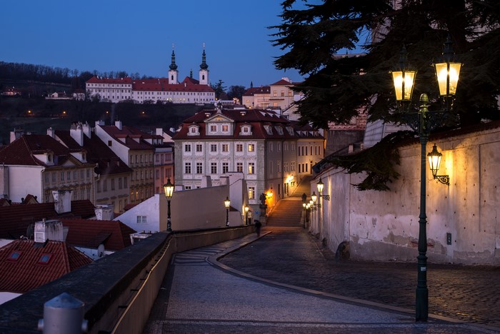 Prague street at night with street lights