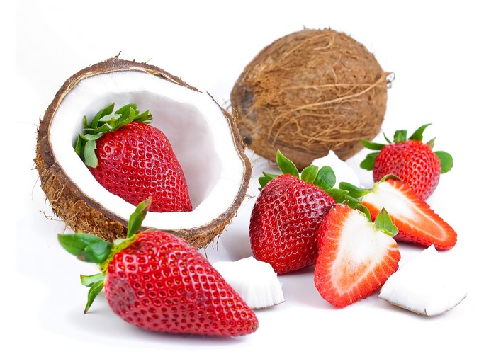 4K Strawberries and Coconuts on White Background
