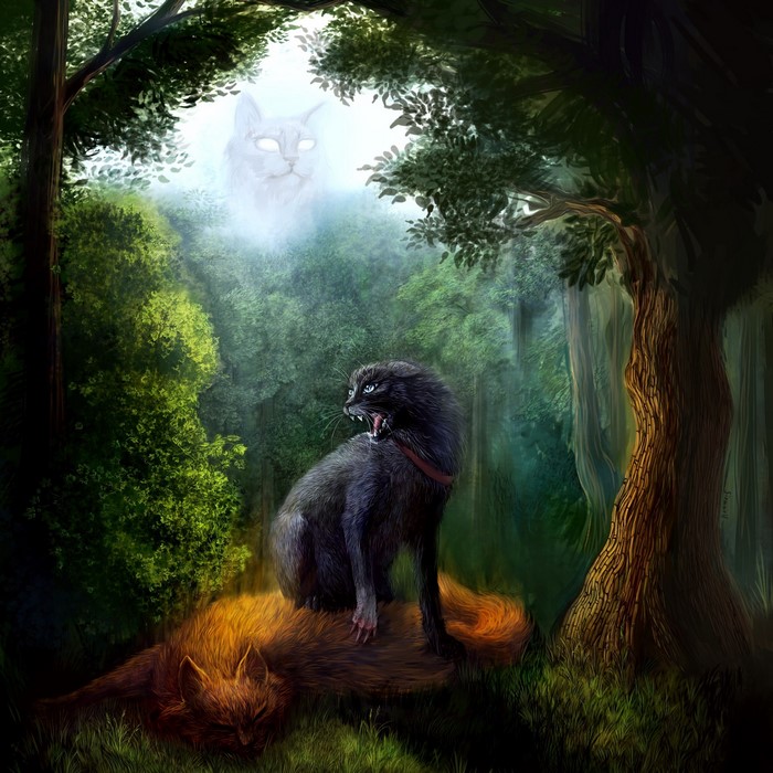 Black cat on top of a fox in a forest with a giant cat spirit