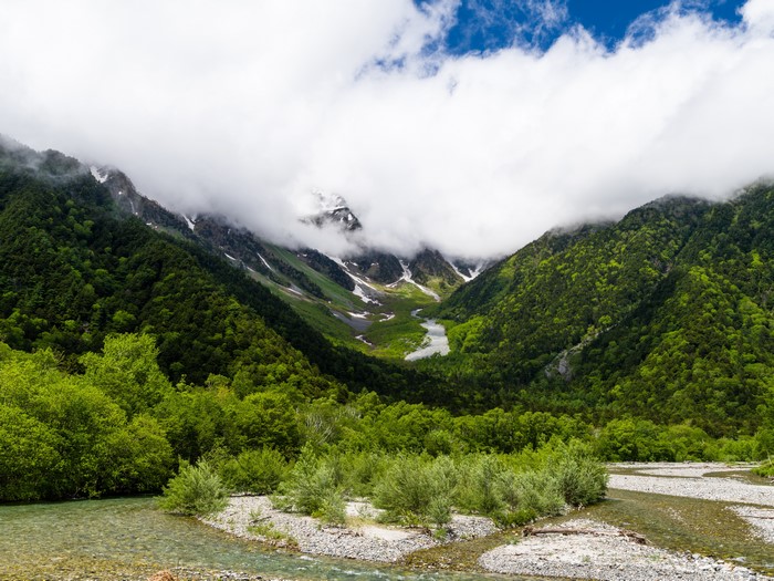 Mountains and Forests with Clouds and River