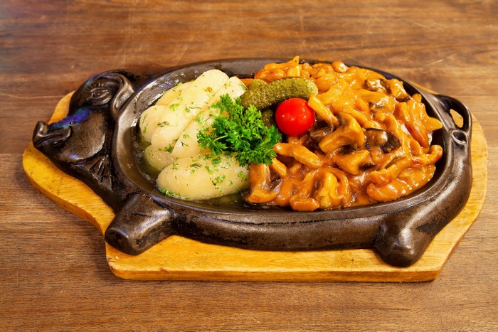 Mushroom Stroganoff with Potatoes on Pig Platter