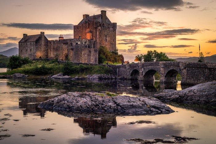 Eilean Donan Castle Scotland at Sunset with Bridge