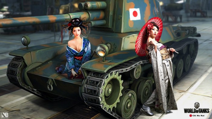 Chi Nu Kai tank with two women in kimonos, World of Tanks