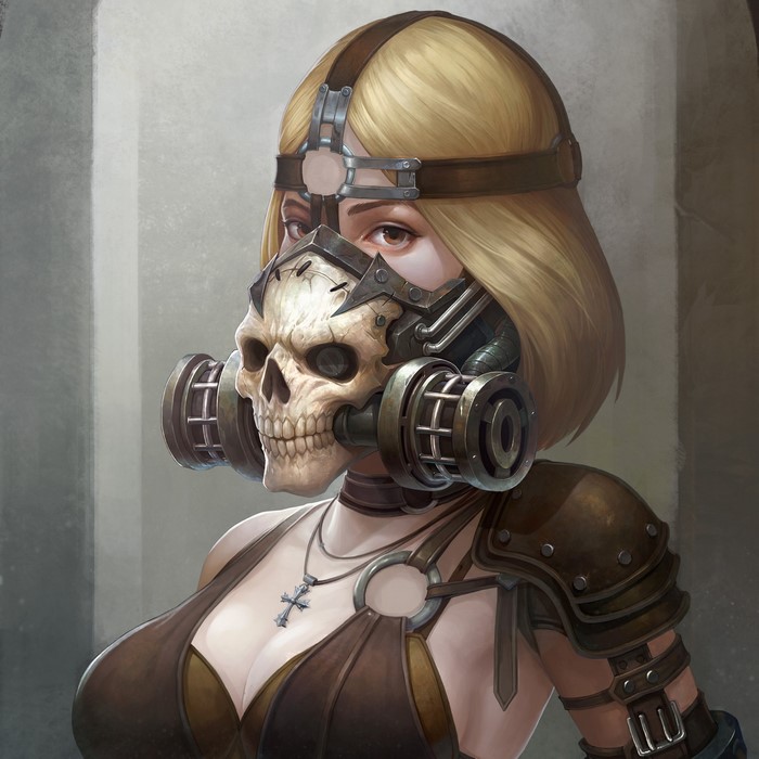 Woman with skull gas mask and cross necklace