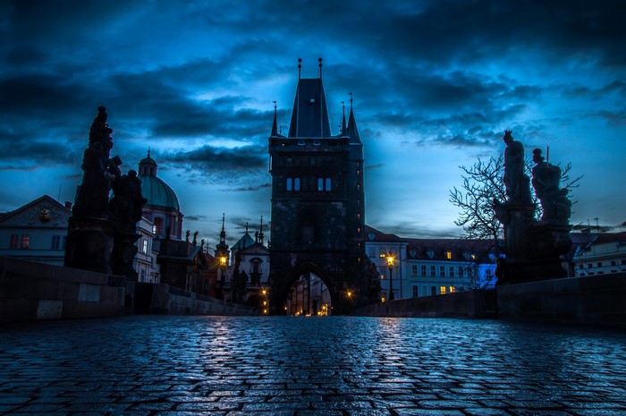 Charles Bridge tower at dusk, Prague, Czech Republic