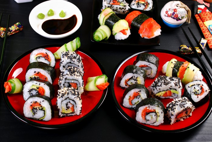 Sushi and Sashimi Platter with Soy Sauce and Wasabi