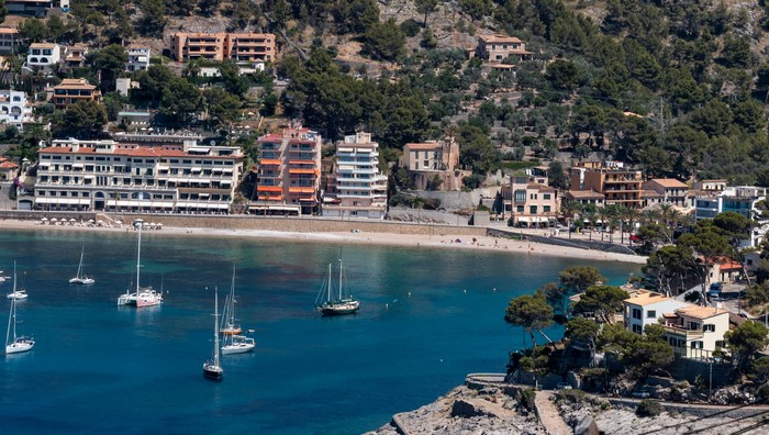 Port de Soller, Mallorca, Spain Coastline with Boats and Buildings