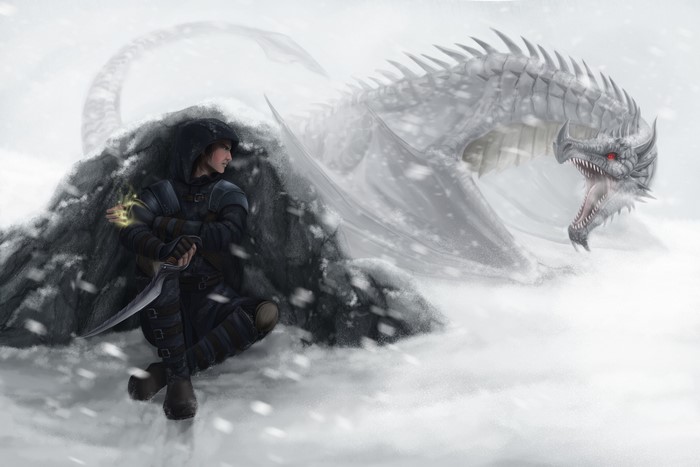 Warrior with dagger facing a white dragon in snow