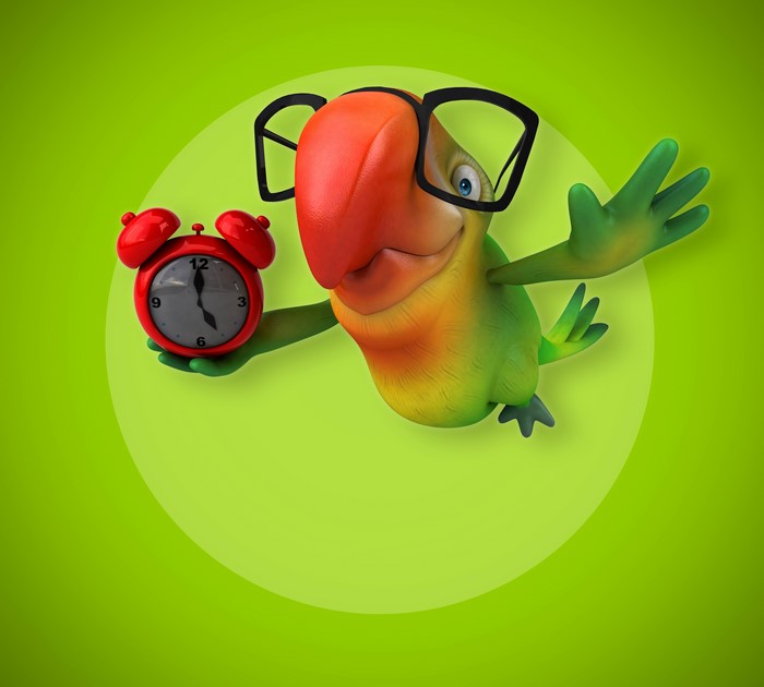 Parrot wearing glasses holding a clock