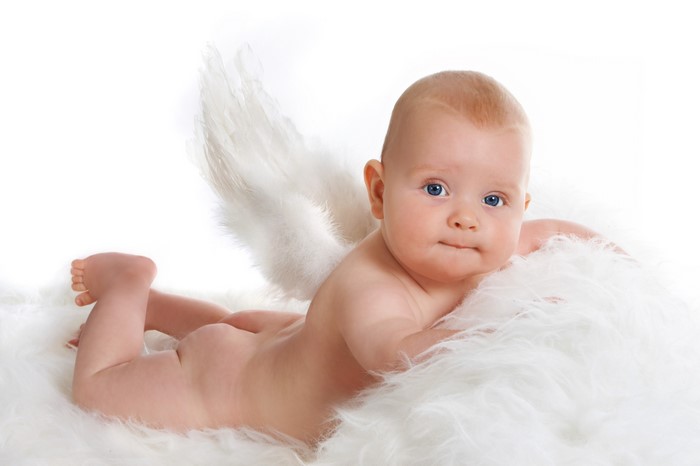 Baby with angel wings on white background