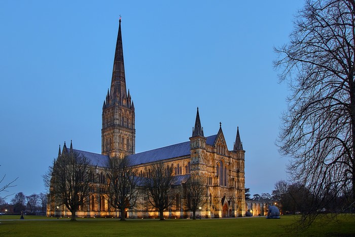 Salisbury Cathedral at dusk in England
