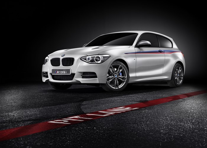 White BMW M135i on Pit Lane