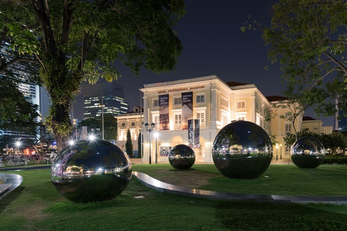 Asian Civilisations Museum Singapore at Night with Sculptures