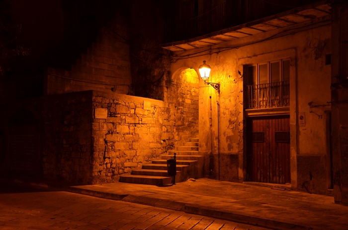 Night street in Ragusa, Sicily with street light and stairs