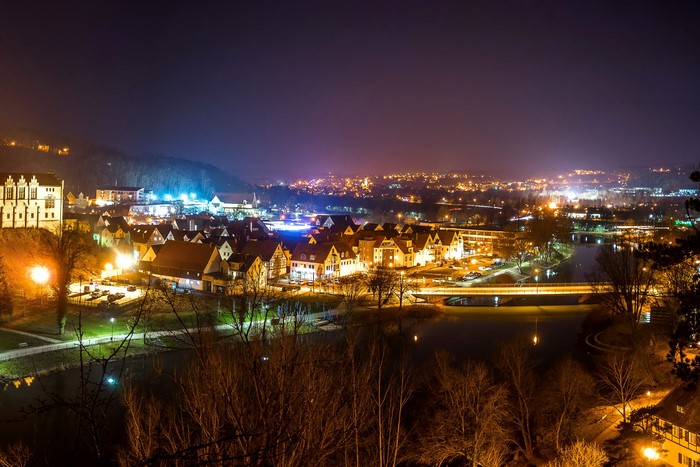 Sigmaringen, Germany at Night with River and Bridges