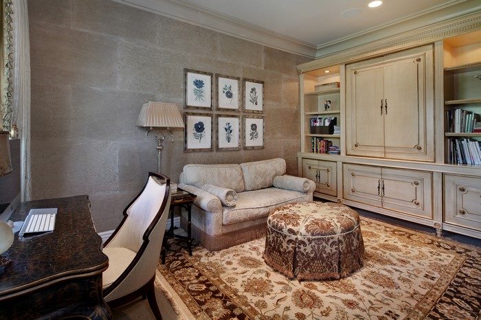 Interior design of a living room with a sofa and carpet