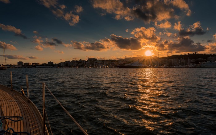 4K Palma Harbour Sunset over Sea with Clouds