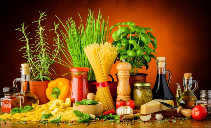 Still-life of Italian ingredients with pasta and spices