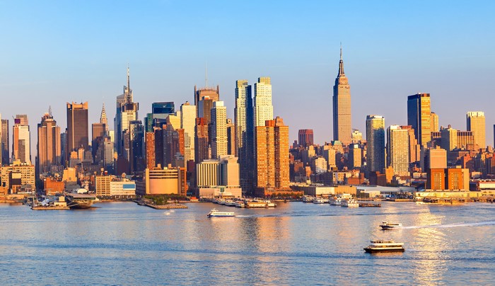 New York City skyline with Empire State Building and boats
