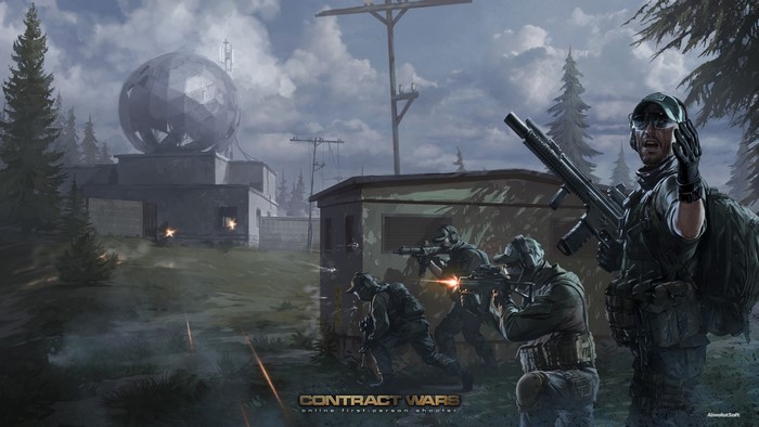 Contract Wars soldiers in combat near a radar dome
