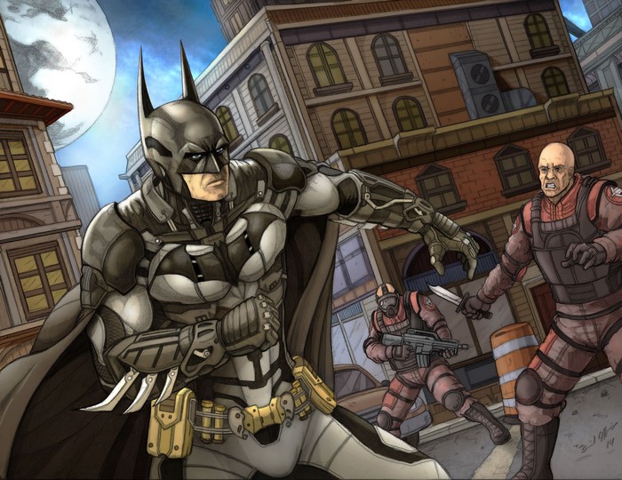 Batman from Arkham Knight fighting thugs in a city