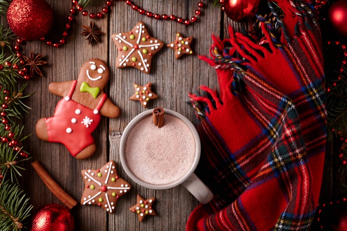 Christmas Cookies and Hot Chocolate on Wood