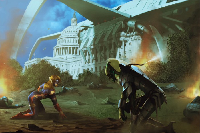 Captain Marvel and alien fighting at the Capitol
