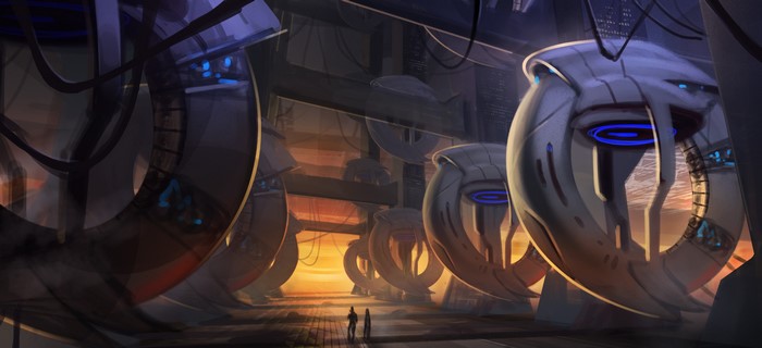 Futuristic city with large circular structures and two figures