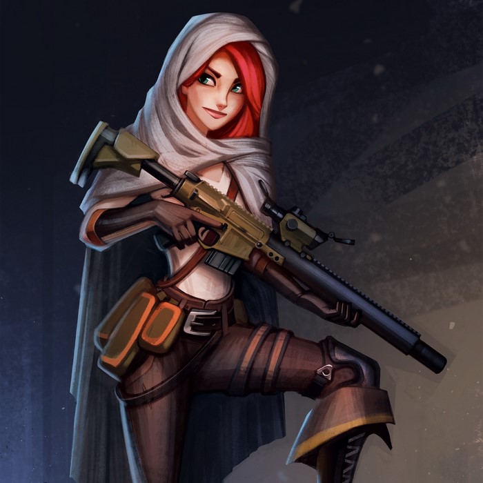 Redhead woman with sniper rifle and hood
