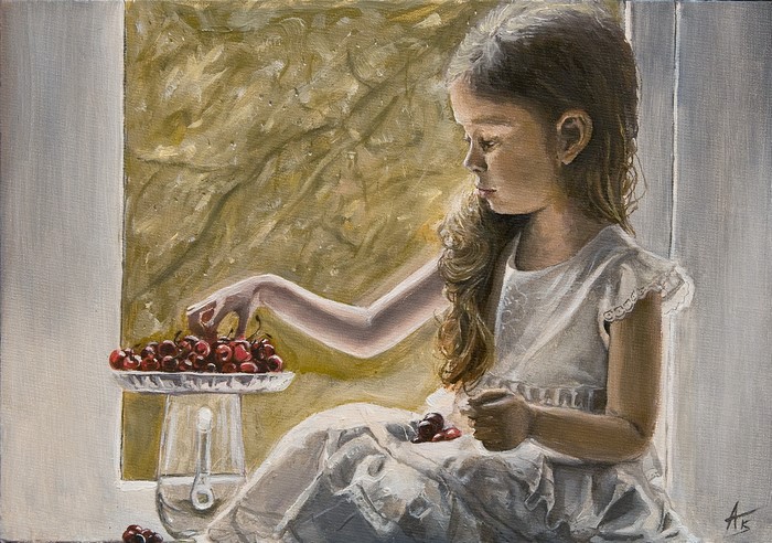 Girl in white dress eating cherries