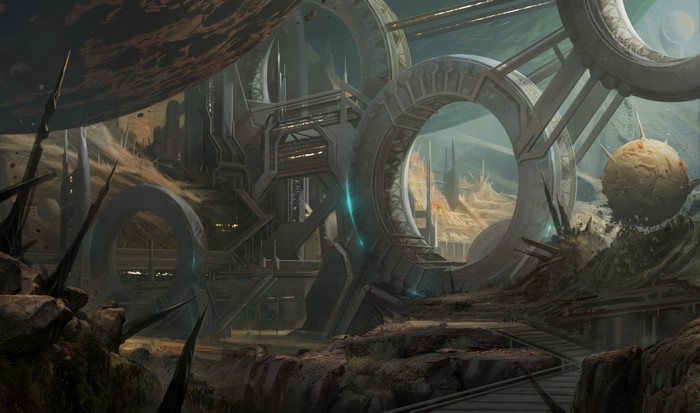 Alien structures on a desolate planet with a large moon