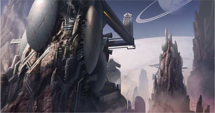 Fantastic world with alien structures and planets