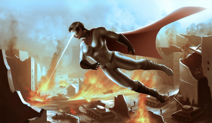 Soviet Superwoman flying over destroyed Budapest