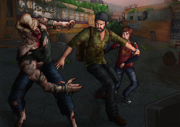 Joel and Ellie fighting a Clicker from The Last of Us