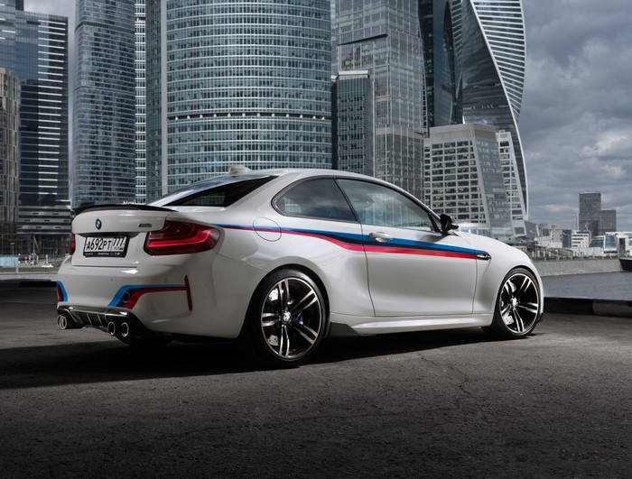 White BMW M2 F87 Coupe with M stripes