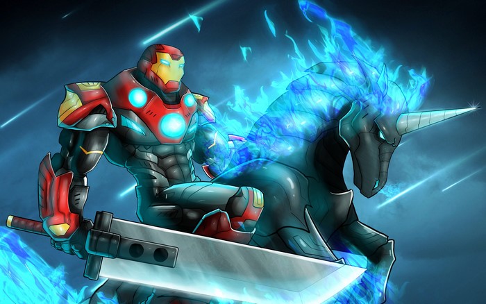 Iron Man riding a flaming unicorn with a sword