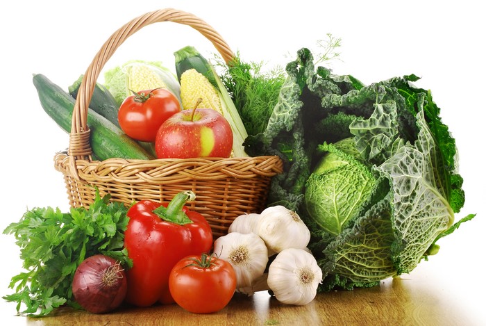 Vegetables and fruits in a wicker basket
