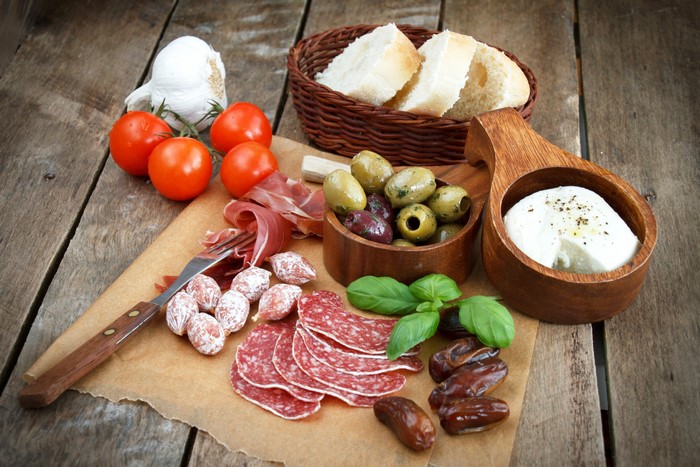Tomatoes, Sausage, Bread, and Cheese Platter