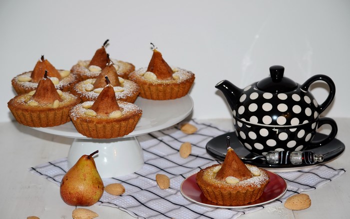 Pear Tartlets with Almonds and a Polka Dot Teapot