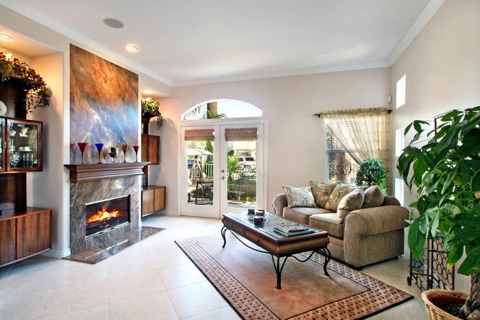 Living room with fireplace, sofa, and coffee table
