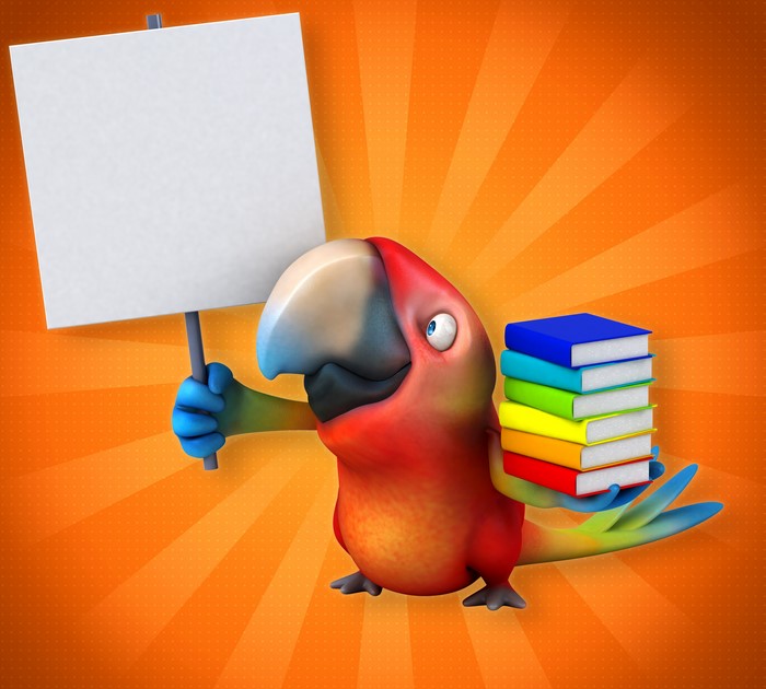 Parrot holding a blank sign and books