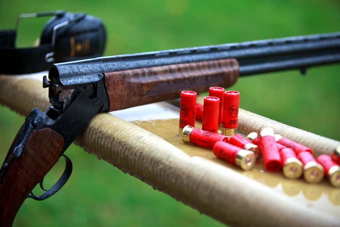 Shotgun and shells with earmuffs